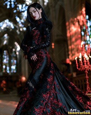 Black lace covers a white-skinned woman in a dark red dress standing in a gothic cathedral hall