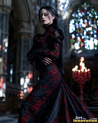 A white-skinned woman stands in a dark cathedral in a long black dress patterned with crimson lace