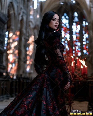 A woman in a dark patterned gown turns her head back inside a dim cathedral