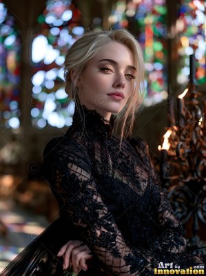 A blonde woman dressed in a black lace dress sits before stained glass windows