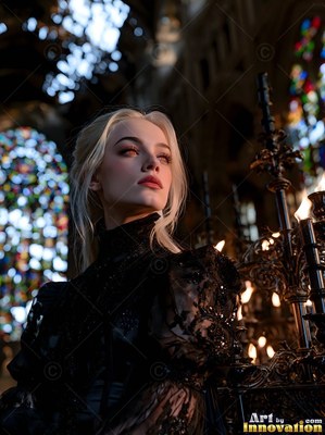 In a dark cathedral, a blonde woman in dark lace dress looks up past candles
