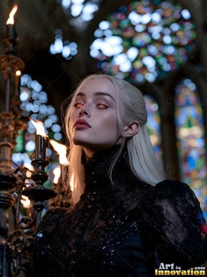 Standing beside tall candles, a blonde woman in black lace looks up in a church