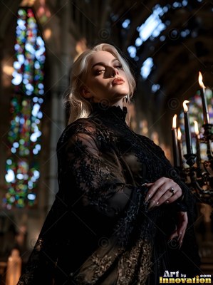 A blonde dark-clad woman in a lace dress in a dim cathedral