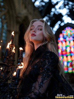 Black lace sleeves cover a blonde woman near burning candles in a church