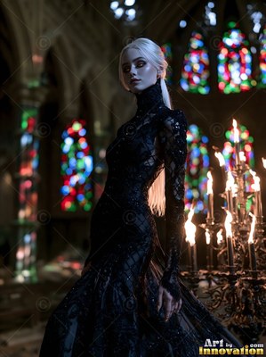 A white-skinned woman stands in a black lace gown near candles and colorful stained glass windows