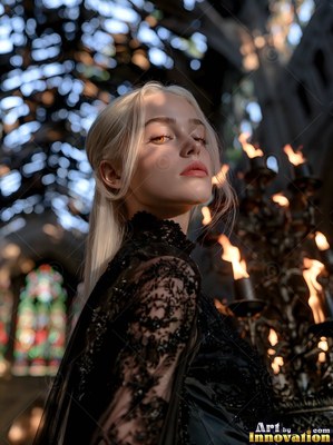 Looking over her shoulder in a dark church, a woman wears a black lace dress