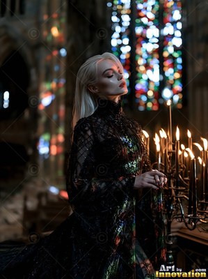 A blonde woman in dark lace dress closes her eyes by lit candles in a church