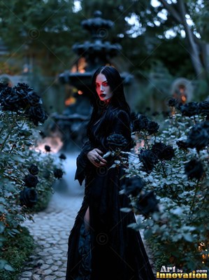 In a misty garden of black roses, a pale-skinned woman in a dark gown walks near a fountain