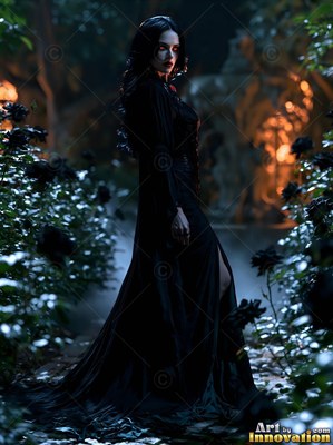 Standing in a dark rose garden at night, a pale dark-clad woman in a velvet gown turns