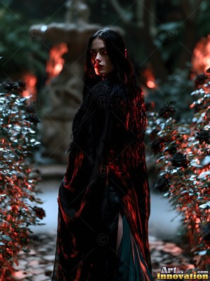A pale dark-clad woman in a cape looks back along a dark garden path