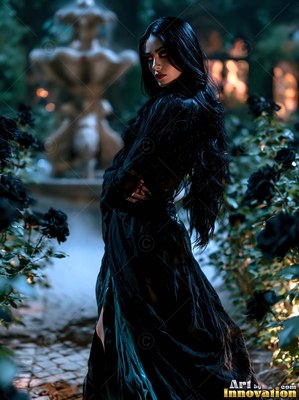 Dressed in a long floor-length black dress, a dark-haired woman stands by a stone fountain among black roses