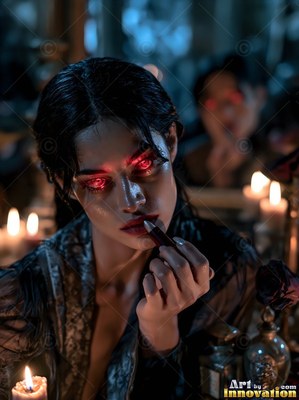 A dark-haired woman applies lipstick by warm candlelight, her eyes bright red