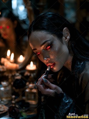 Leaning forward at a mirror, a light-skinned woman with red eyes puts on lipstick by candle light