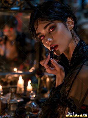 A pale woman with red eyes puts on lipstick by candle light in a dark room