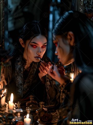 In a dark room by a mirror, a white-skinned woman with red eyes paints her lips