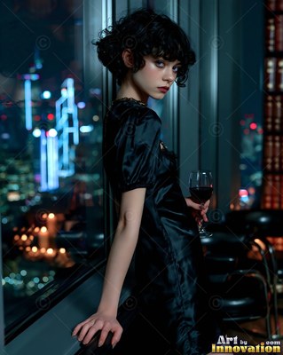 Woman in dark dress holds a wine glass by a window