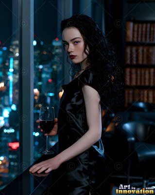 In a black satin dress, a white-skinned woman holds a wine glass by high penthouse windows at night