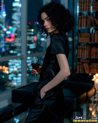 A dark-clad woman in a silk dress holds a wine glass before dark blue city lights