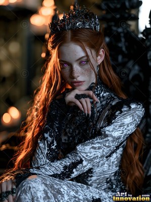 Leaning forward on a black throne, a white-skinned woman wears a dark crown and silver gown