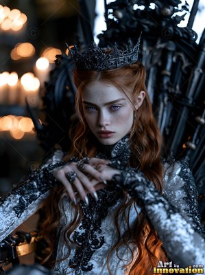 A red-haired woman wearing a black crown sits on a throne by candlelight