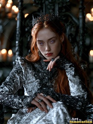 In a dark hall with candles, a red-haired woman in a crown sits on a carved chair