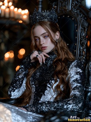 Sitting on a dark carved throne, a crowned woman wears a silver and black lace gown