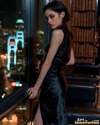 Wearing a black silk dress, a pale-skinned woman holds a wine glass by a penthouse window at night