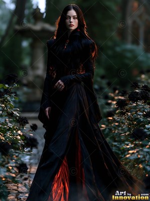 Walking forward in a dark garden, a pale woman wears a long black dress
