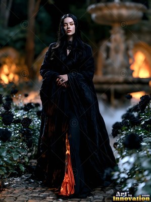 A pale woman in a long black cloak stands near a stone fountain at night