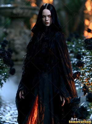 In a dark rose garden, a pale woman stands wearing a black hooded cloak