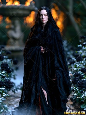 Walking along a garden path, a pale woman dressed in a black cloak passes dark roses