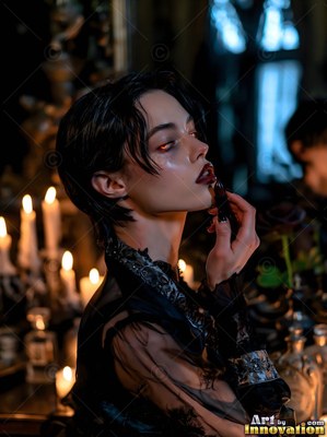 A pale-skinned woman applies dark lipstick by candlelight