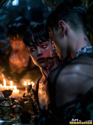 Dark bangs frame a white-skinned woman applying red lipstick near candles by a mirror