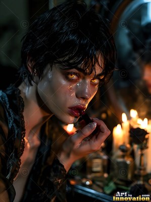 A woman applies dark red lipstick in the warm yellow candlelight