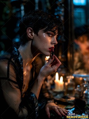 In profile at a vanity, a short-haired woman applies red lipstick by candlelight