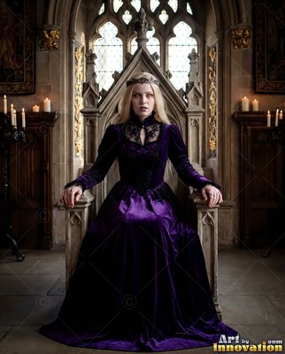 A blonde woman in a deep purple dress sits on a stone throne by candlelight