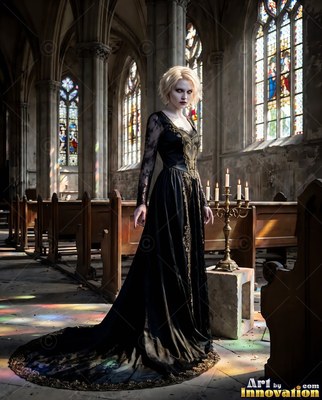 In a sunlit cathedral, a pale blonde woman stands in a floor-length black dress near pews