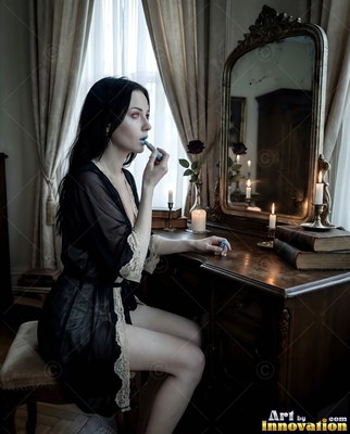 Applying lipstick at a vanity, a pale woman wears a sheer black robe near lit candles