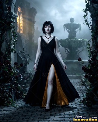 A dark-clad woman in a dress walks on a cobblestone path at night
