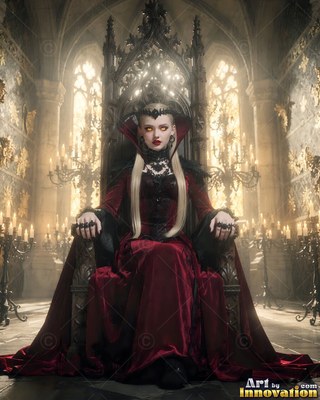 A high black collar frames a woman sitting on a tall throne inside a candlelit hall