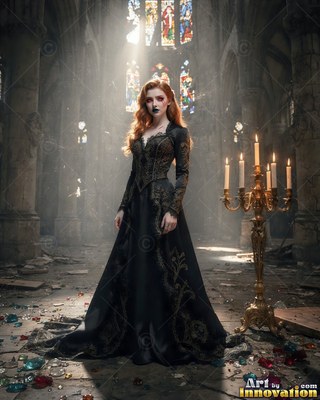 A pale woman stands in a ruined church under a beam of soft sunlight