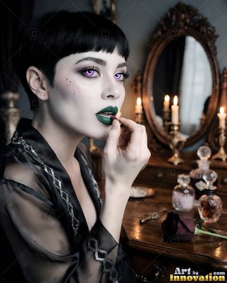 Seated in profile, a white-skinned woman in black puts on lipstick by a vanity mirror