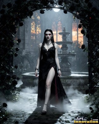 A pale woman in a slit black dress walks through misty rose arches by a fountain