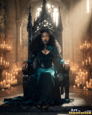 Sitting on a dark throne, a woman in a green dress stares forward by candlelight