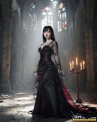 Light-skinned woman in a black lace gown inside a cathedral under sunlight