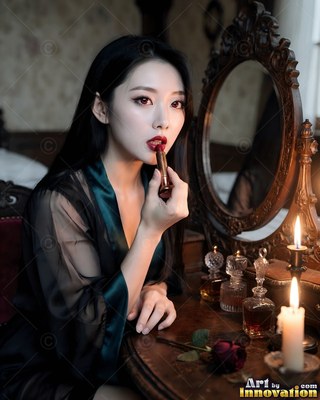 Red lipstick in hand, a pale woman in a dark robe sits before an oval vanity mirror by candlelight
