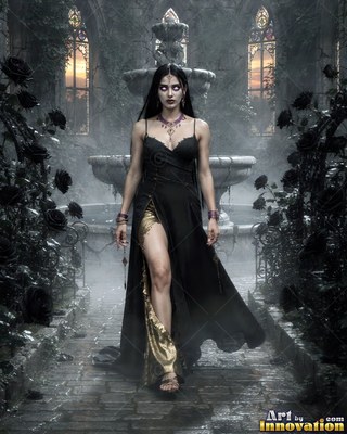 A woman in a black slit dress walks past black roses in misty gray twilight