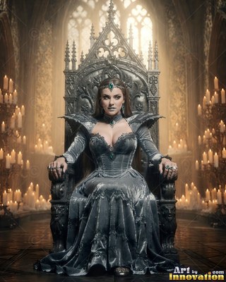 A fair-skinned woman in a gray velvet gown sits on a stone throne surrounded by candles