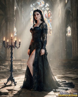 In a ruined cathedral, a pale-skinned woman stands in a black lace gown near a candelabra