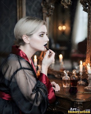 Applying dark lipstick, a blonde woman in a silk robe sits by candles at a mirror